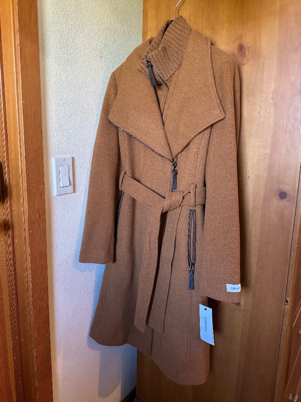 NWT Calvin Klein Camel Wool Blend Belted Wrap Coat Size S